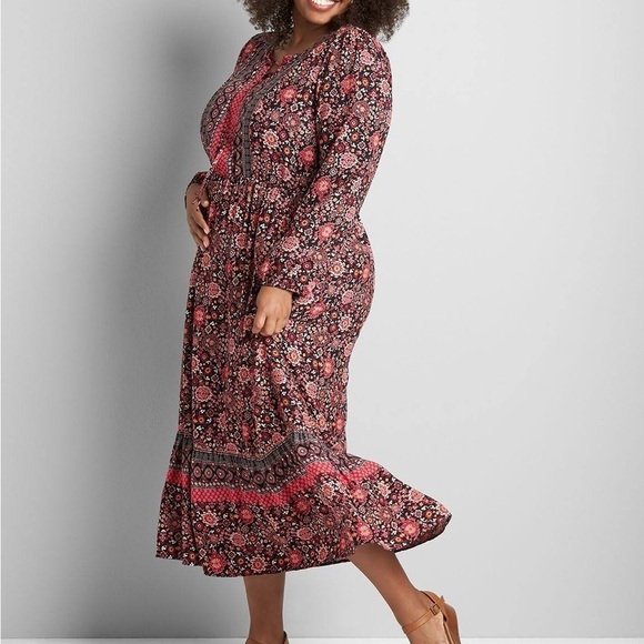 Lane Bryant Dresses & Skirts - 🌟HPx3🌟 BUST DARTS LACE UP NECK Bold Black & Pink Flower Midi Dress Lane Bryant